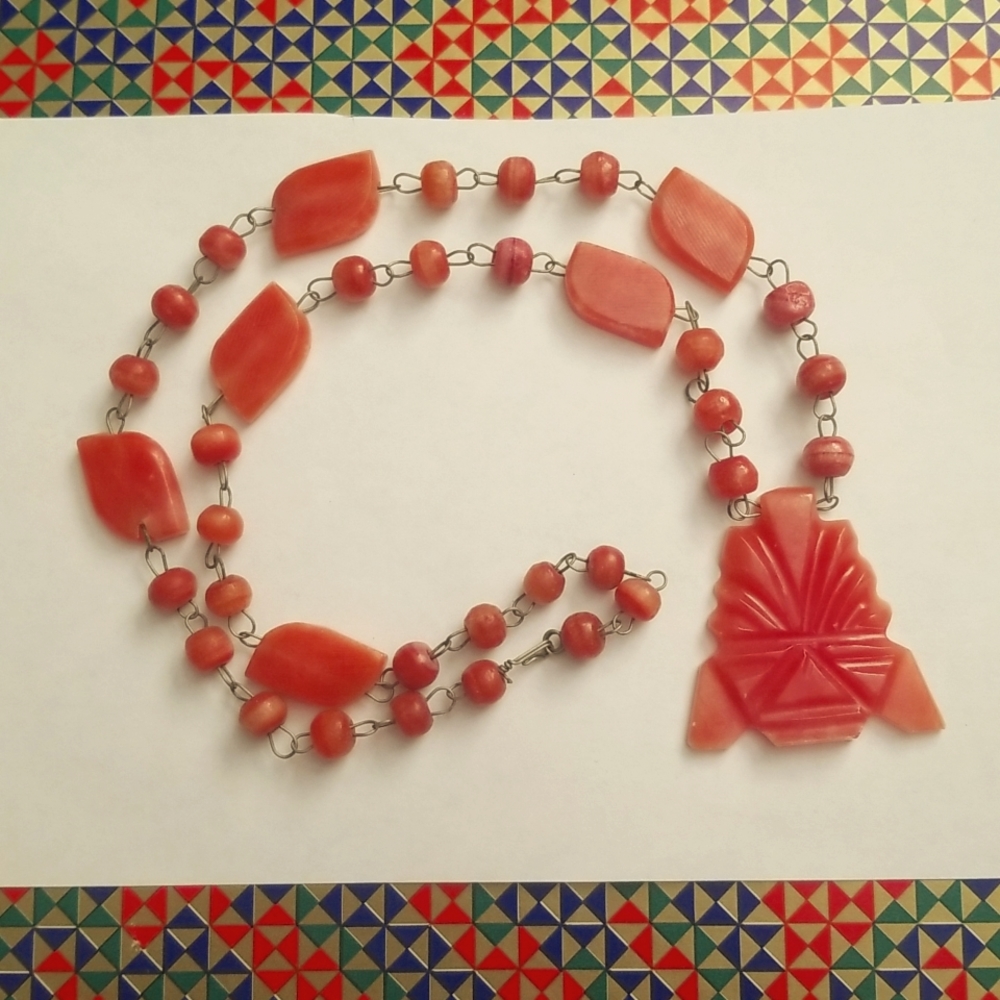 Mexican Hand Carved Red Agate Tribal Mask Necklace